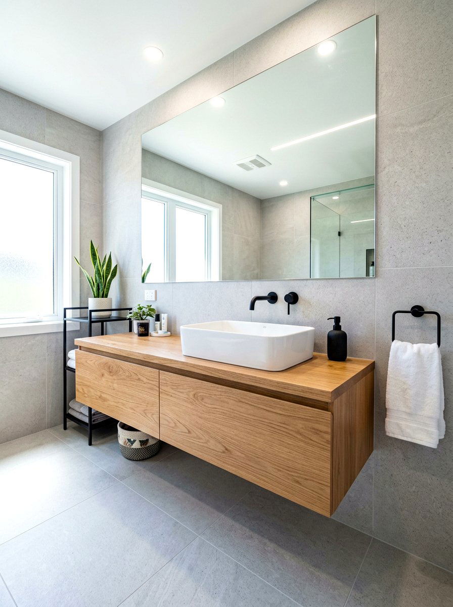 Floating Oak Vanity - 30 winter bathroom styling ideas