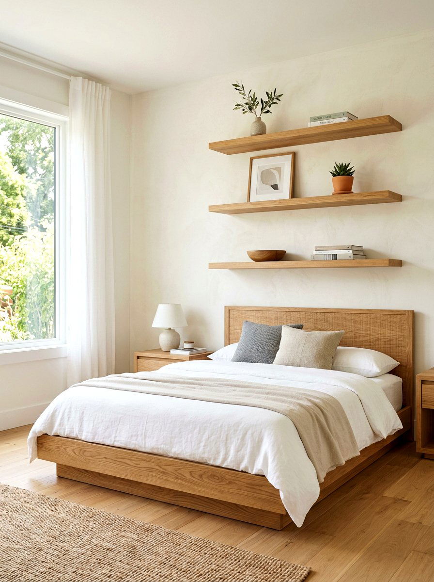 Floating Oak Wall Shelves - 30 earthy minimalist bedroom ideas