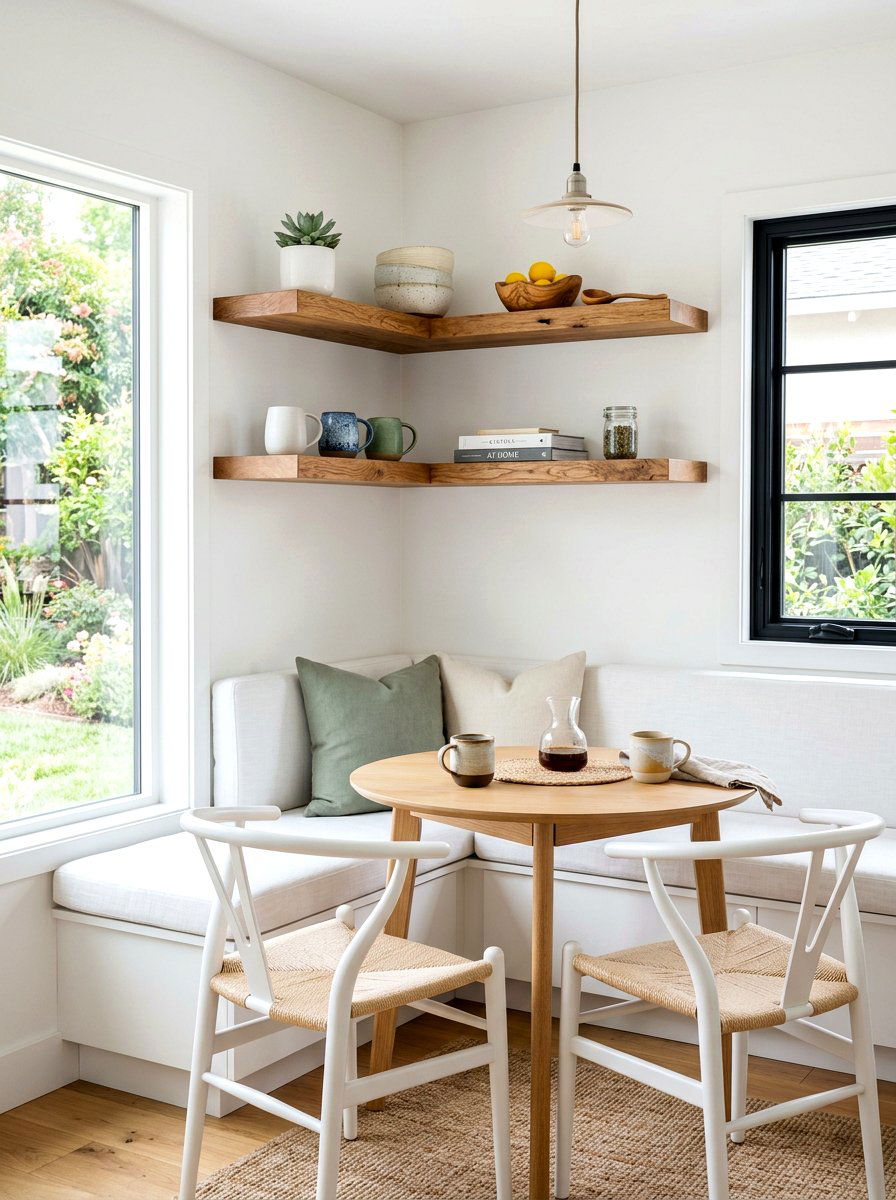 Floating Oak Wood Corner Shelves - 30 breakfast corner shelves ideas