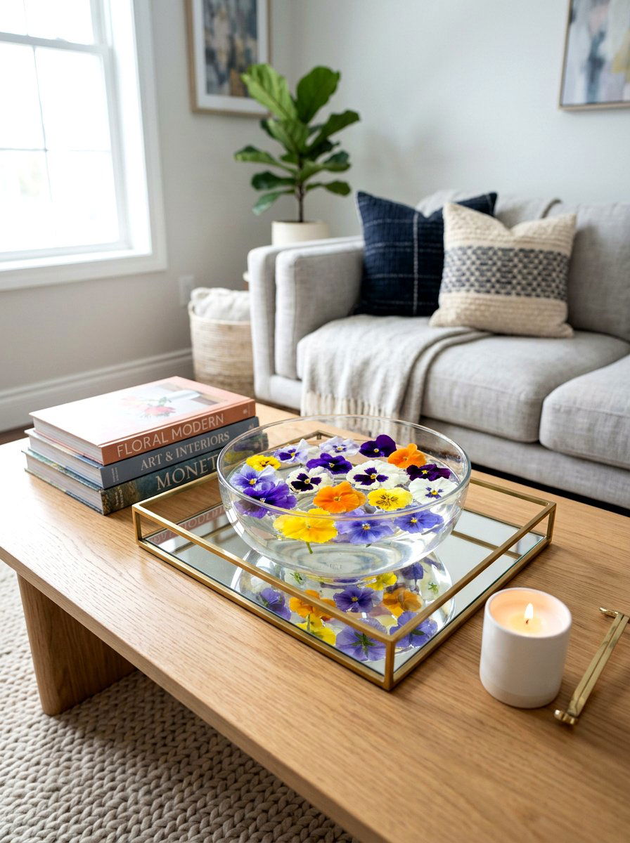 Floating Pansies In Shallow Glass Bowl - 30 spring flower arrangement ideas