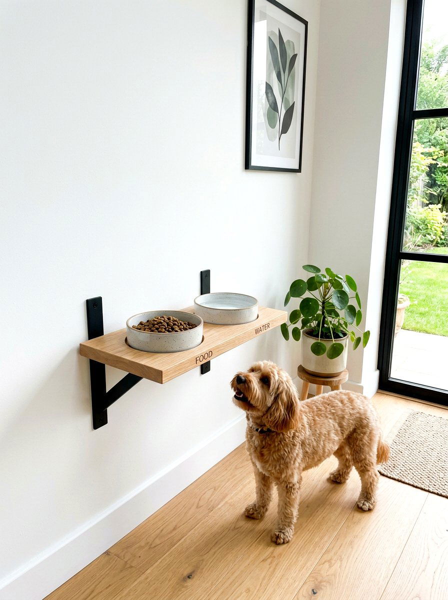 Floating Pet Bowl Shelf - 30 mudroom pet feeding ideas
