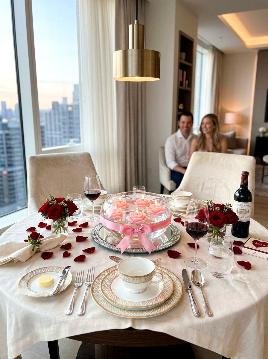 Floating Rose Valentine Candle With Ribbon Bow - 30 bow and candle Valentine ideas