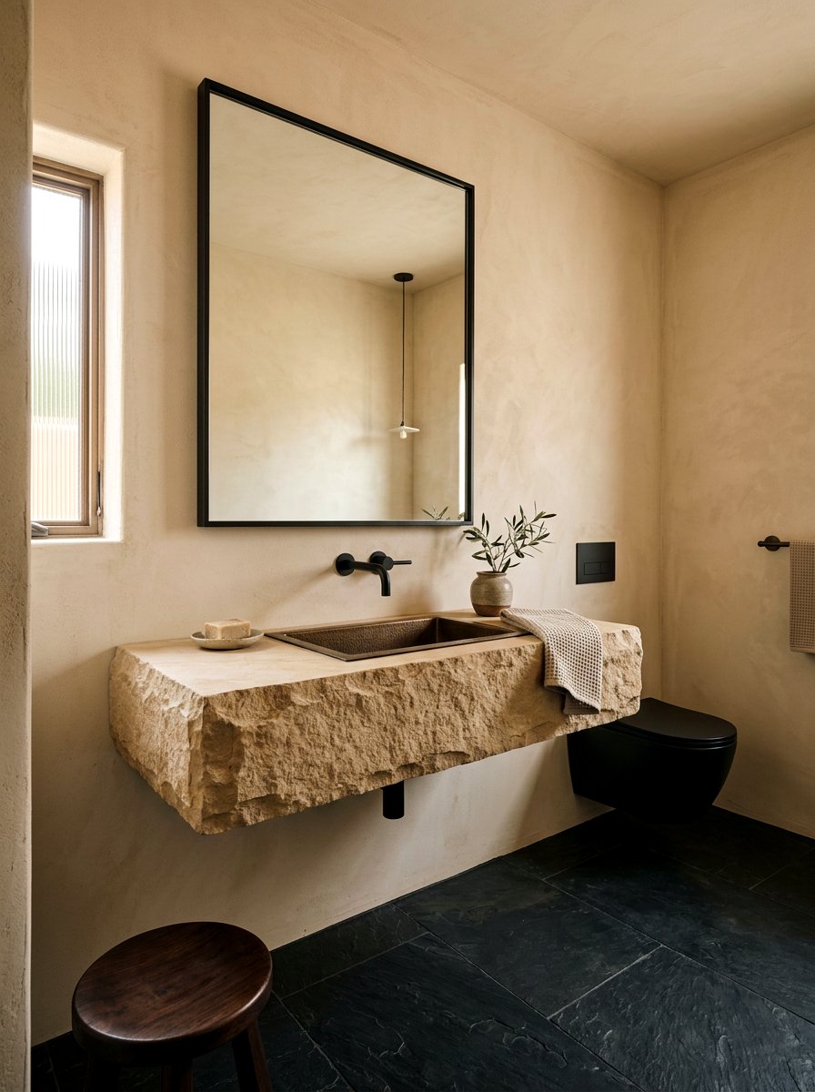 Floating Sandstone Vanity - 30 sandstone powder room ideas
