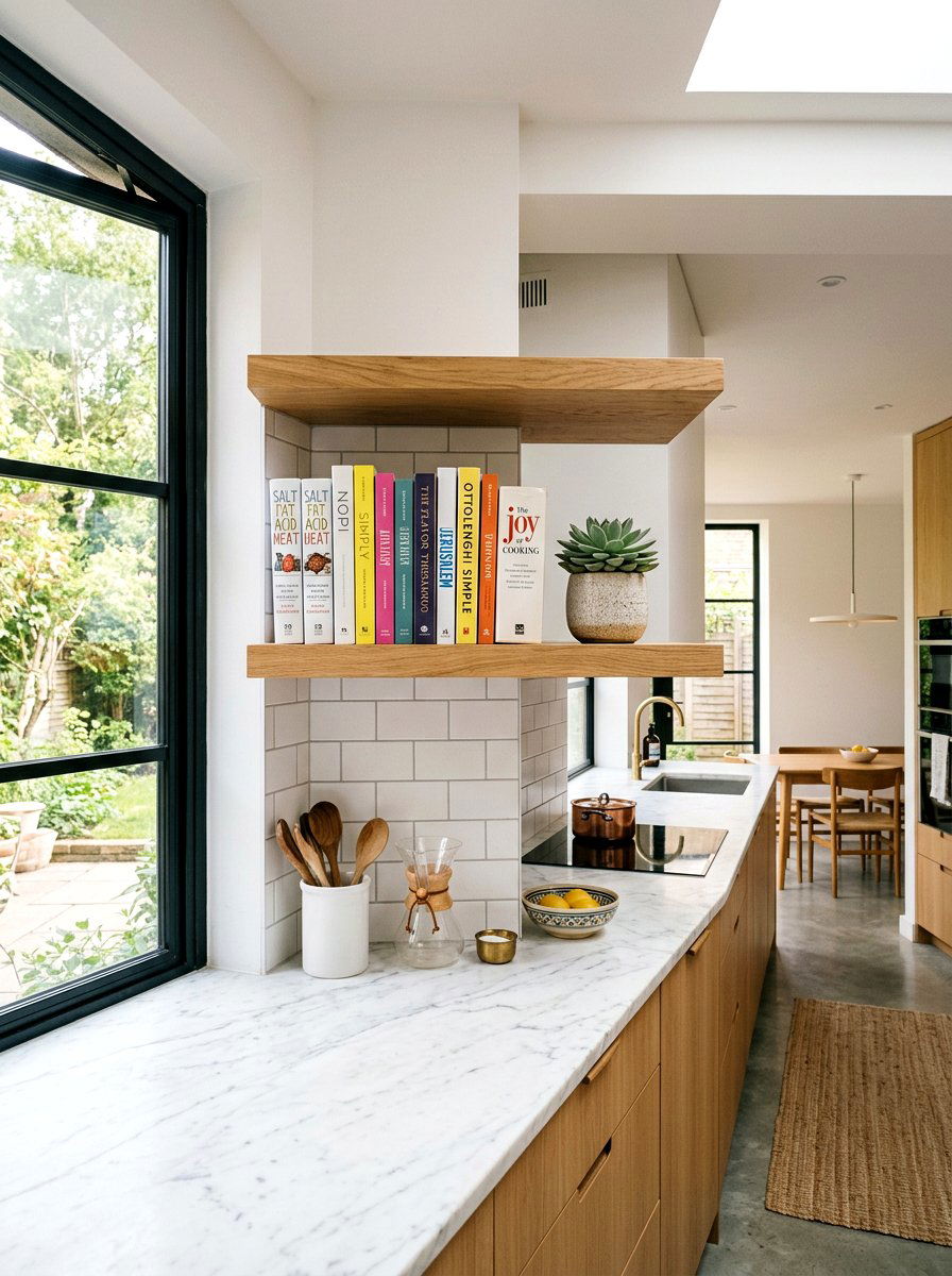 Floating Shelf - 30 kitchen cookbook storage ideas