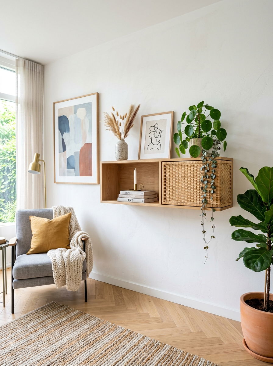 Floating Shelf Basket - 30 woven basket decor ideas
