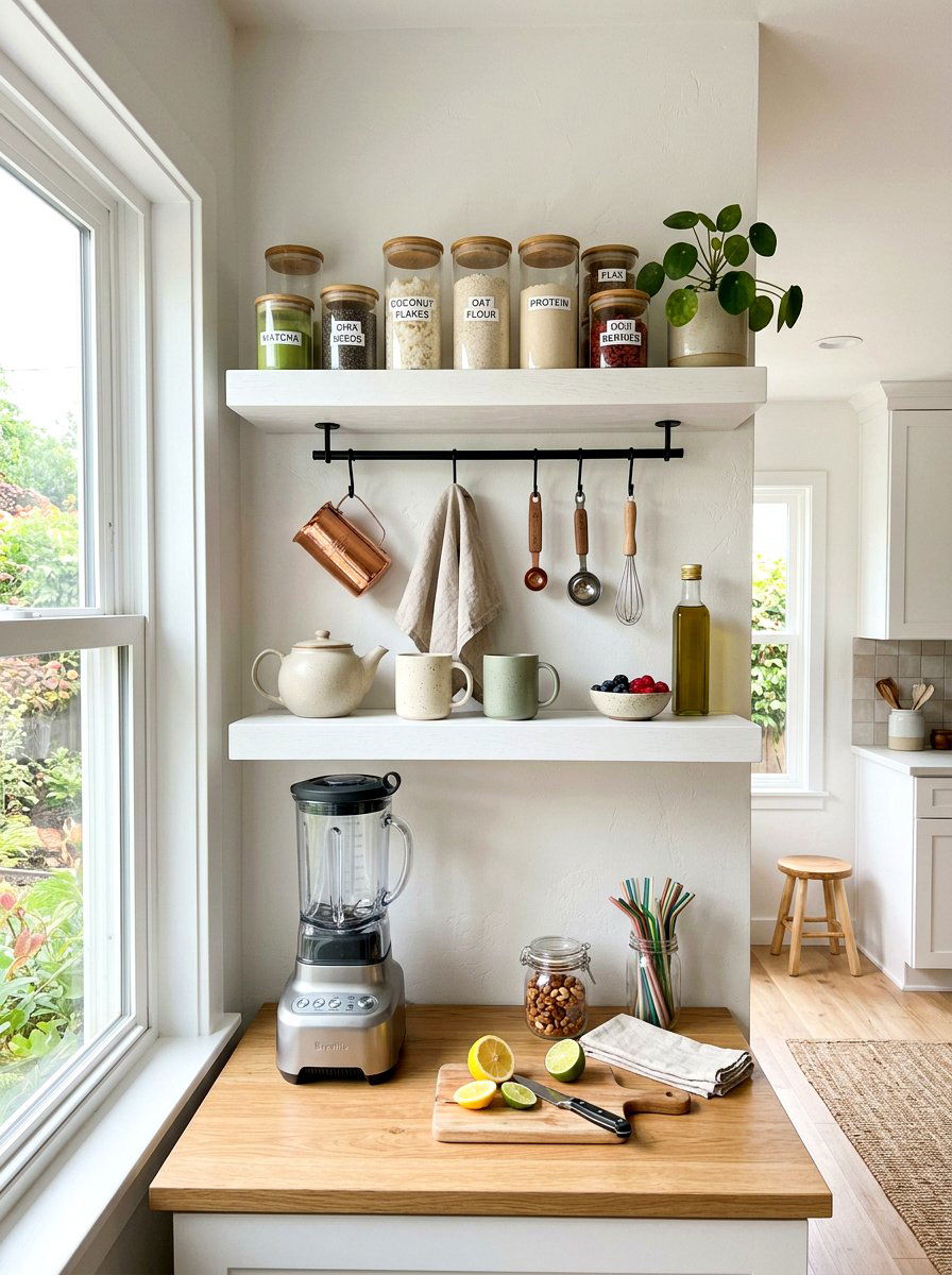Floating Shelf Beverage Nook - 30 smoothie nook kitchen ideas