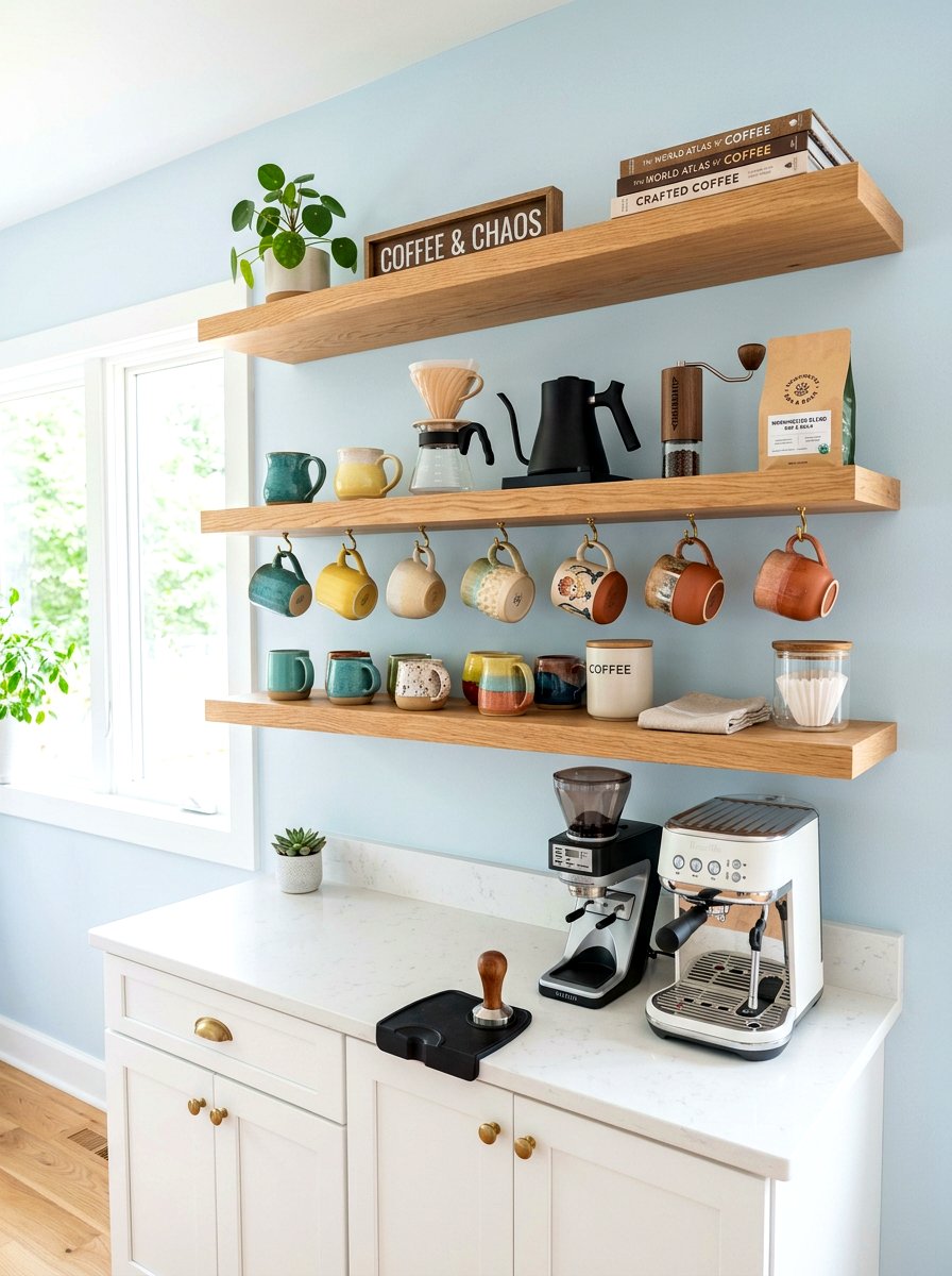Floating Shelf Coffee Nook - 30 coffee nook pantry ideas