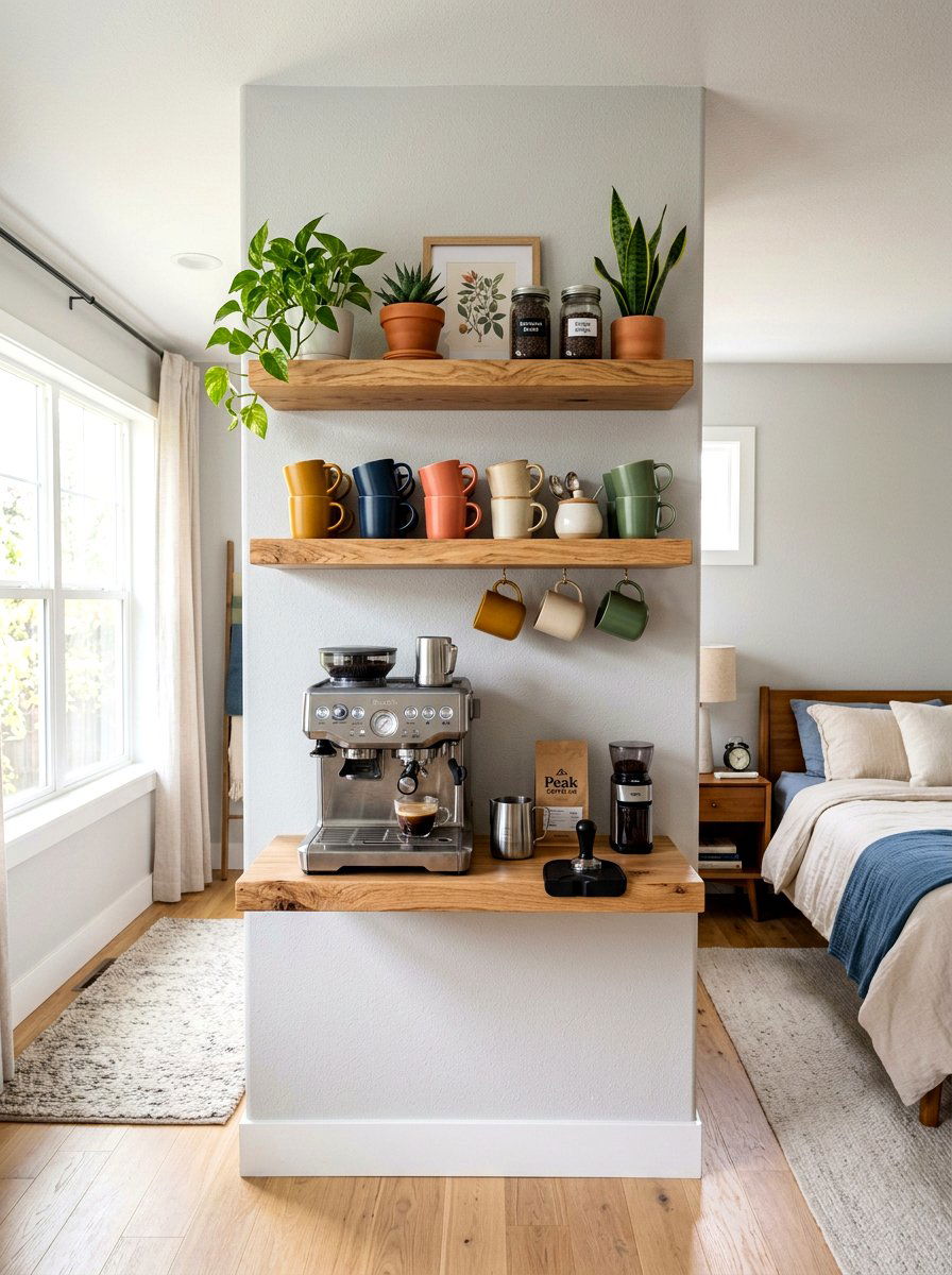 Floating Shelf Coffee Station - 30 bedroom coffee corner ideas