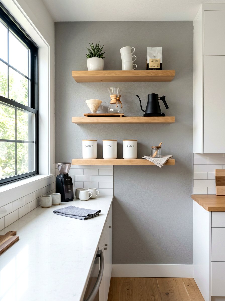 Floating Shelf Coffee Station - 30 coffeehouse kitchen corner ideas