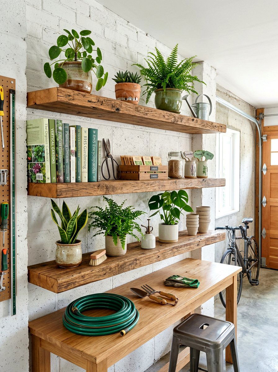 Floating Shelf Garden Storage - 30 garage gardening station ideas