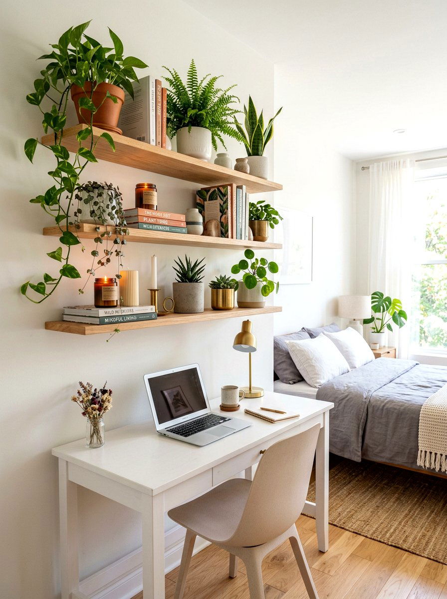 Floating Shelf Greenery - 30 bedroom plant decor ideas