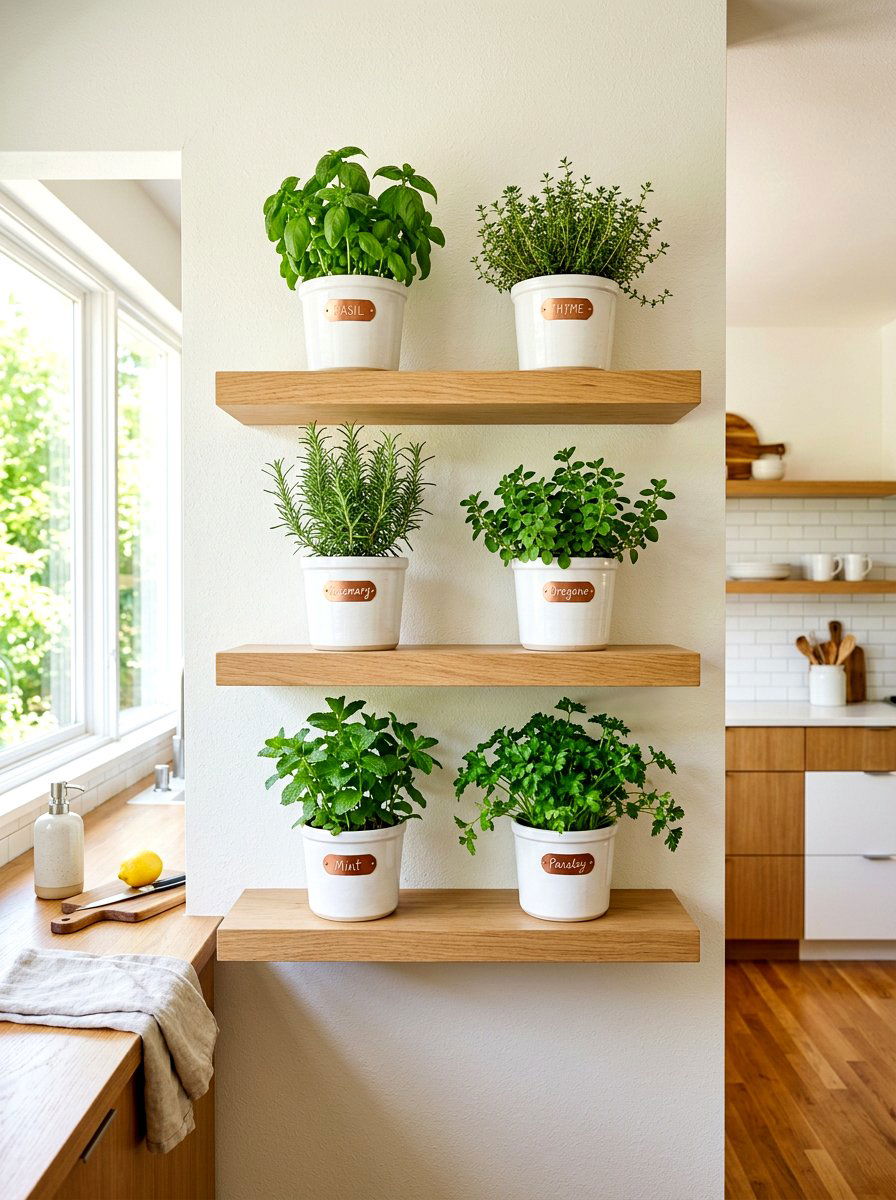 Floating Shelf Herb Display - 30 herb garden corner ideas