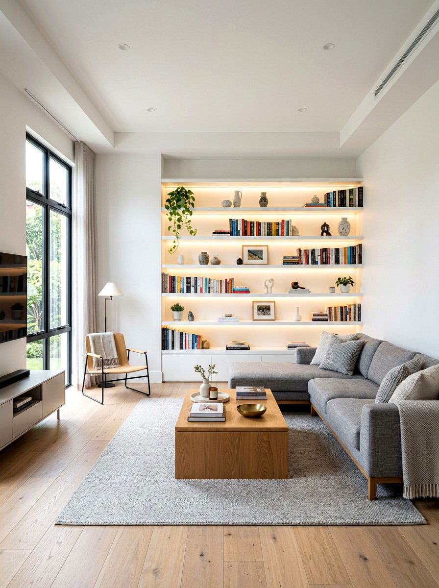 Floating Shelf Lighting - 30 layered lighting living room ideas