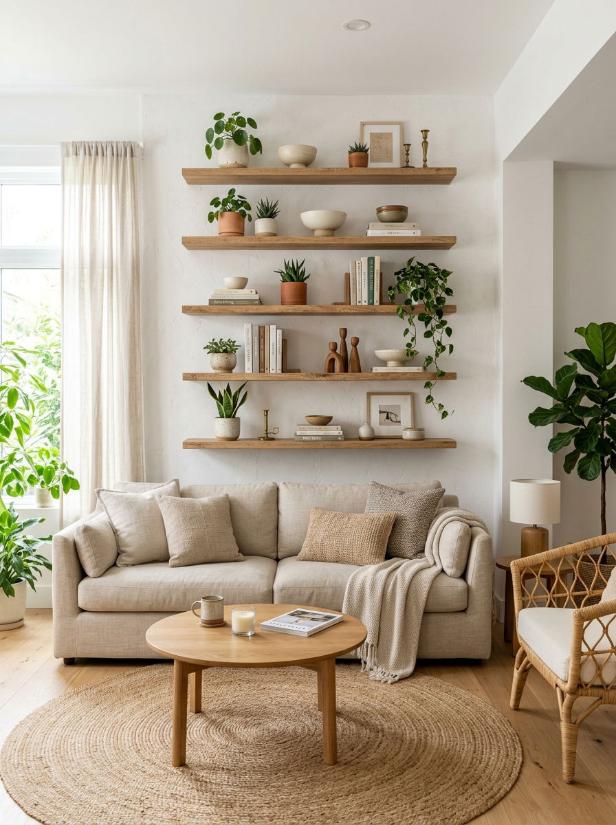 Floating Shelf Living Room - 30 organic modern living space ideas