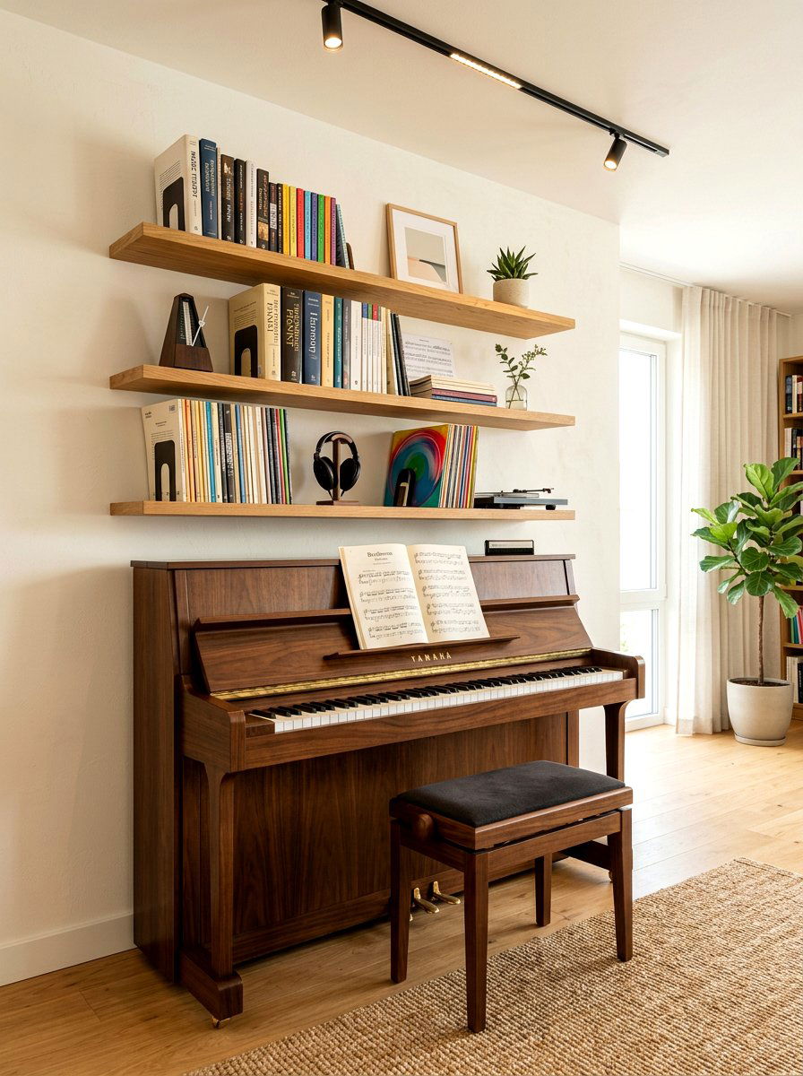 Floating Shelf Music Storage - 30 piano corner ideas