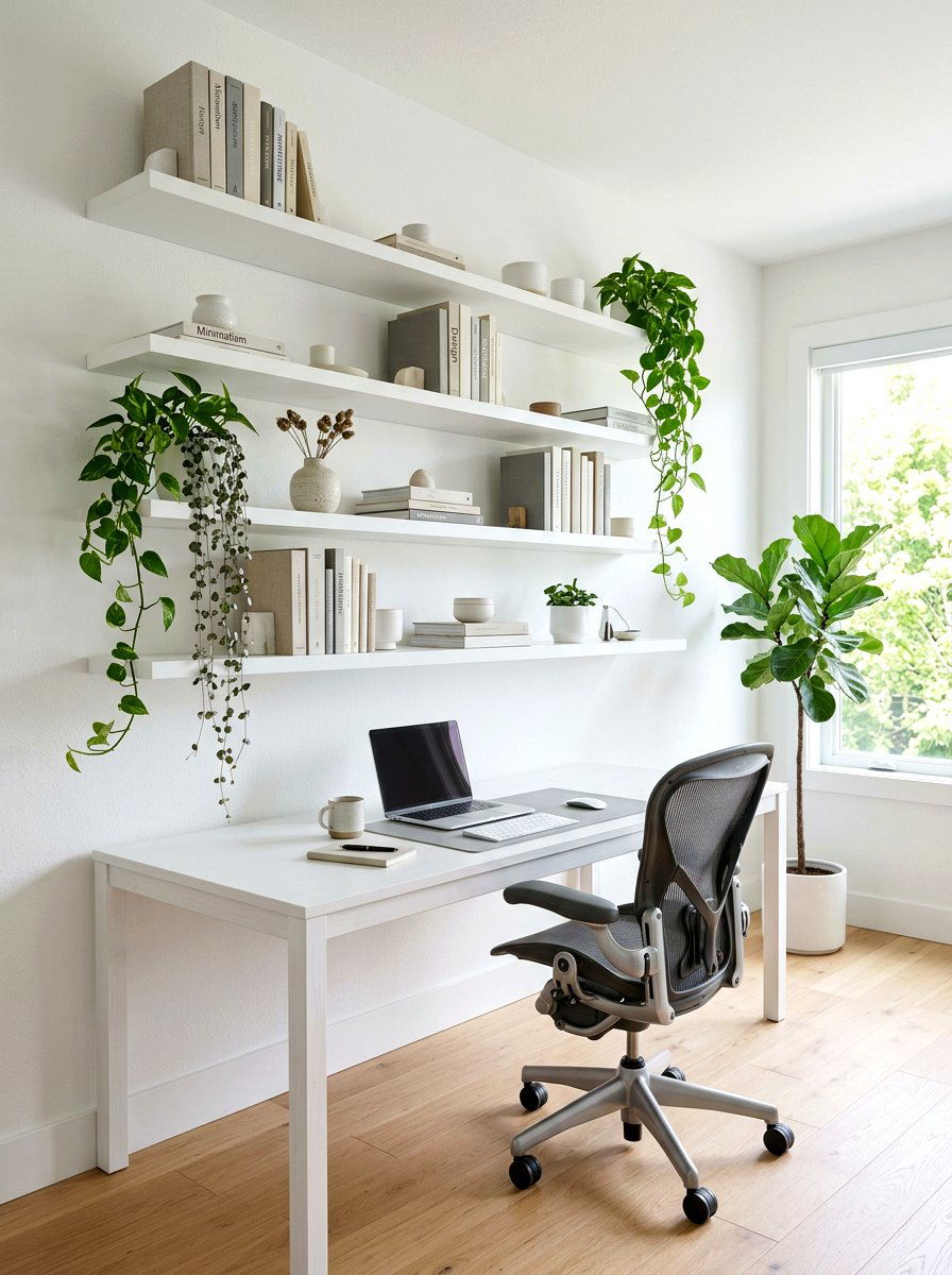 Floating Shelf Office Storage - 30 calm neutral office ideas