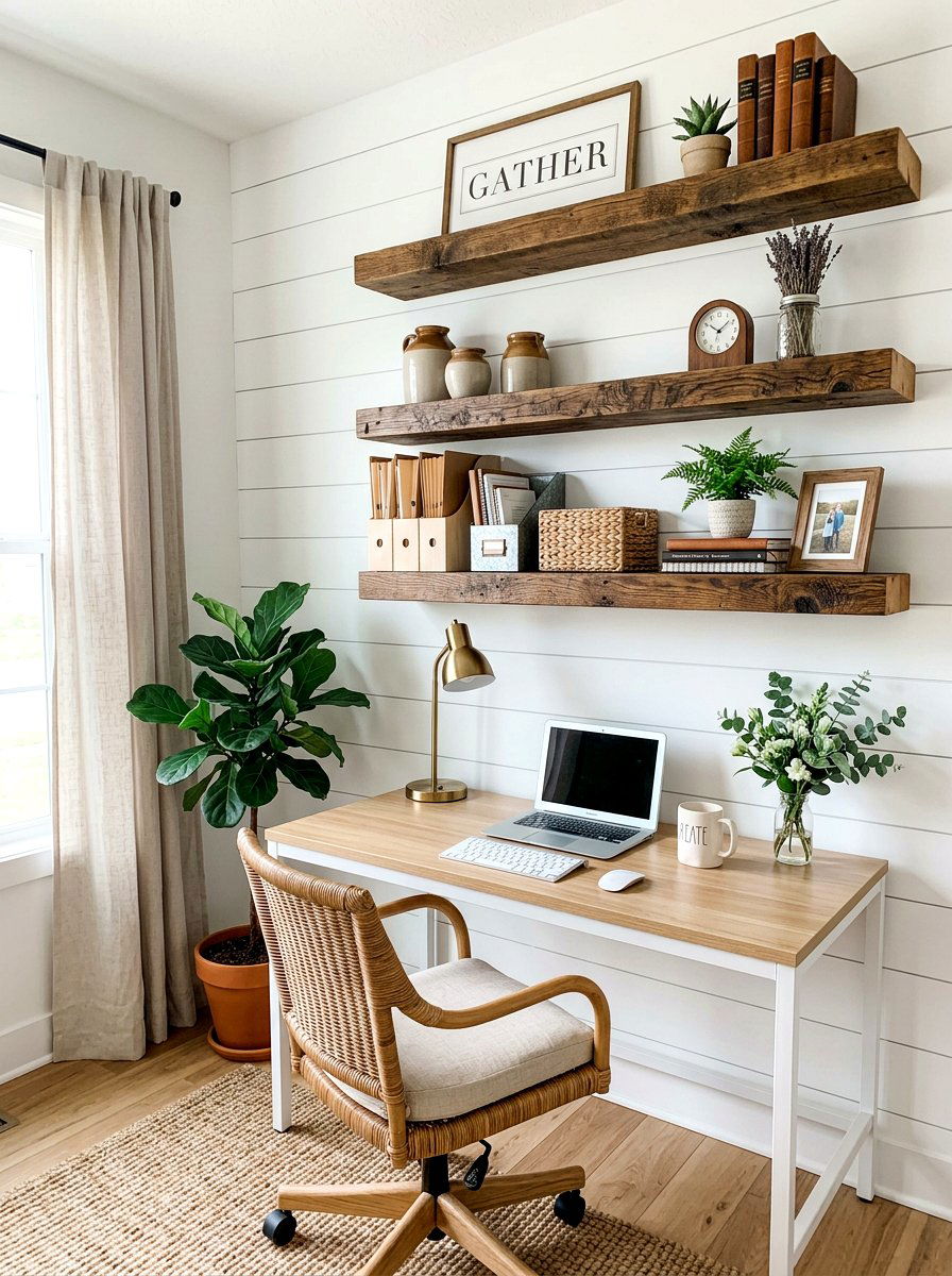 Floating Shelf Office - 30 farmhouse home office ideas