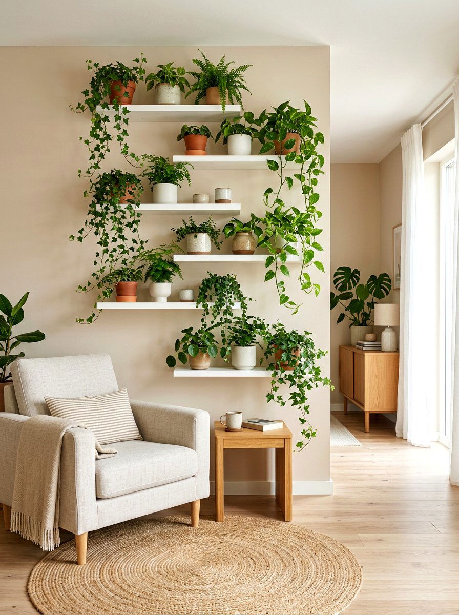 Floating Shelf Plant Wall - 30 living room plant wall ideas