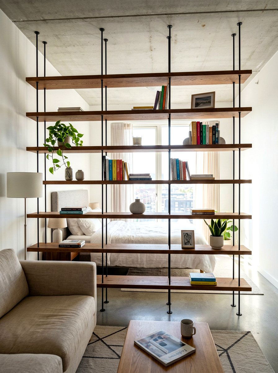 Floating Shelf Room Partition - 30 bookshelf divider apartment ideas