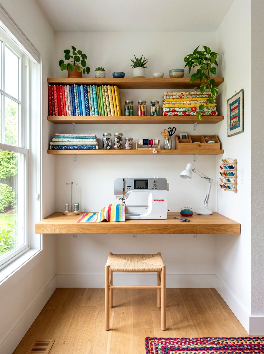 Floating Shelf Sewing Nook - 30 sewing nook ideas