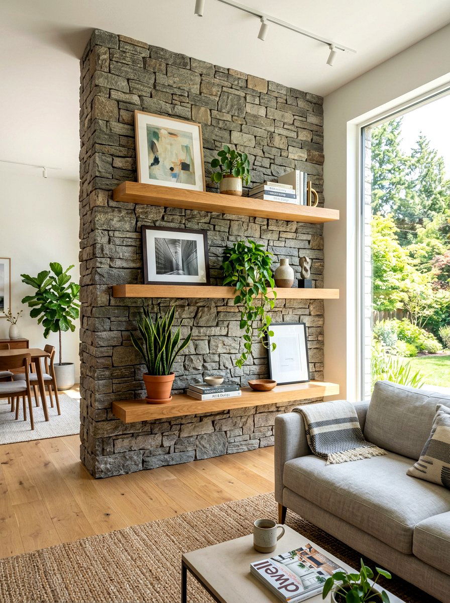 Floating Shelf Stone Wall - 30 stone accent wall ideas
