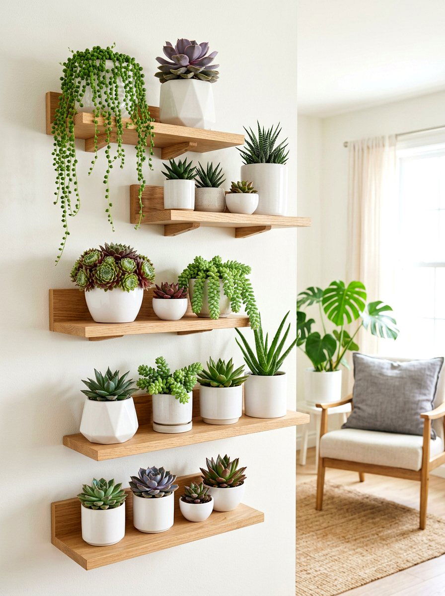 Floating Shelf Succulent Display - 30 indoor succulent garden ideas