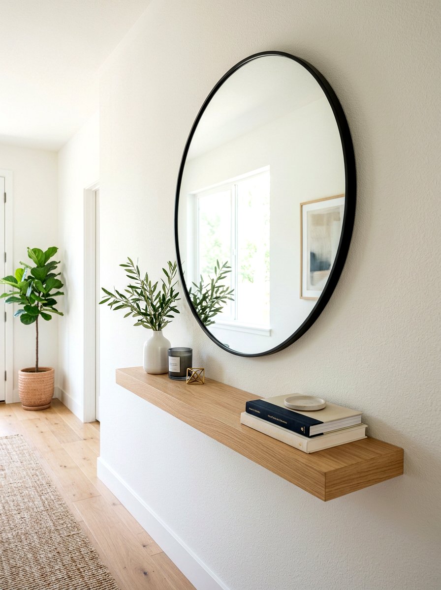 Floating Shelf Under Circular Mirror - 30 floating entry shelf ideas