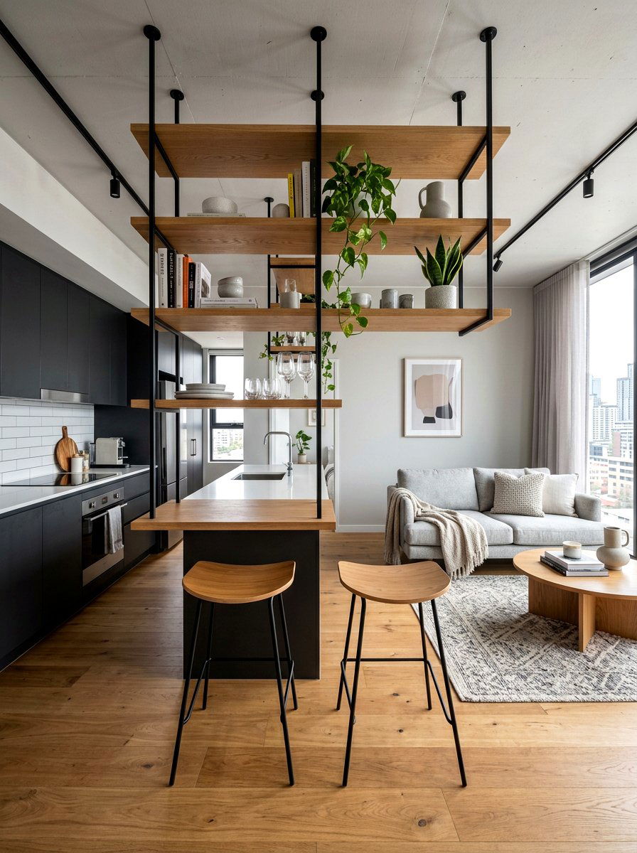 Floating Shelf Wall - 30 studio apartment divider shelf ideas