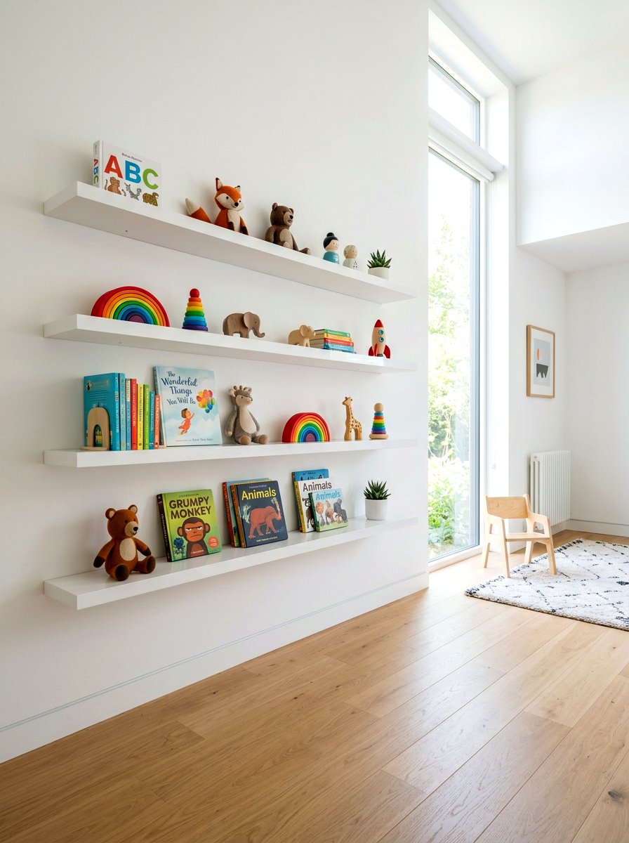 Floating Shelves - 30 toy library playroom ideas