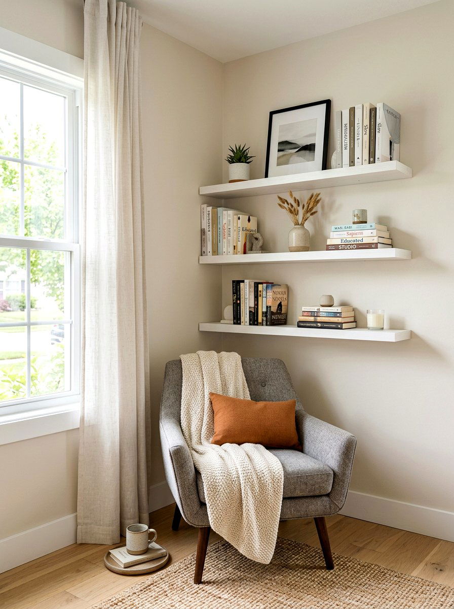 Floating Shelves - 30 guest room reading corner ideas