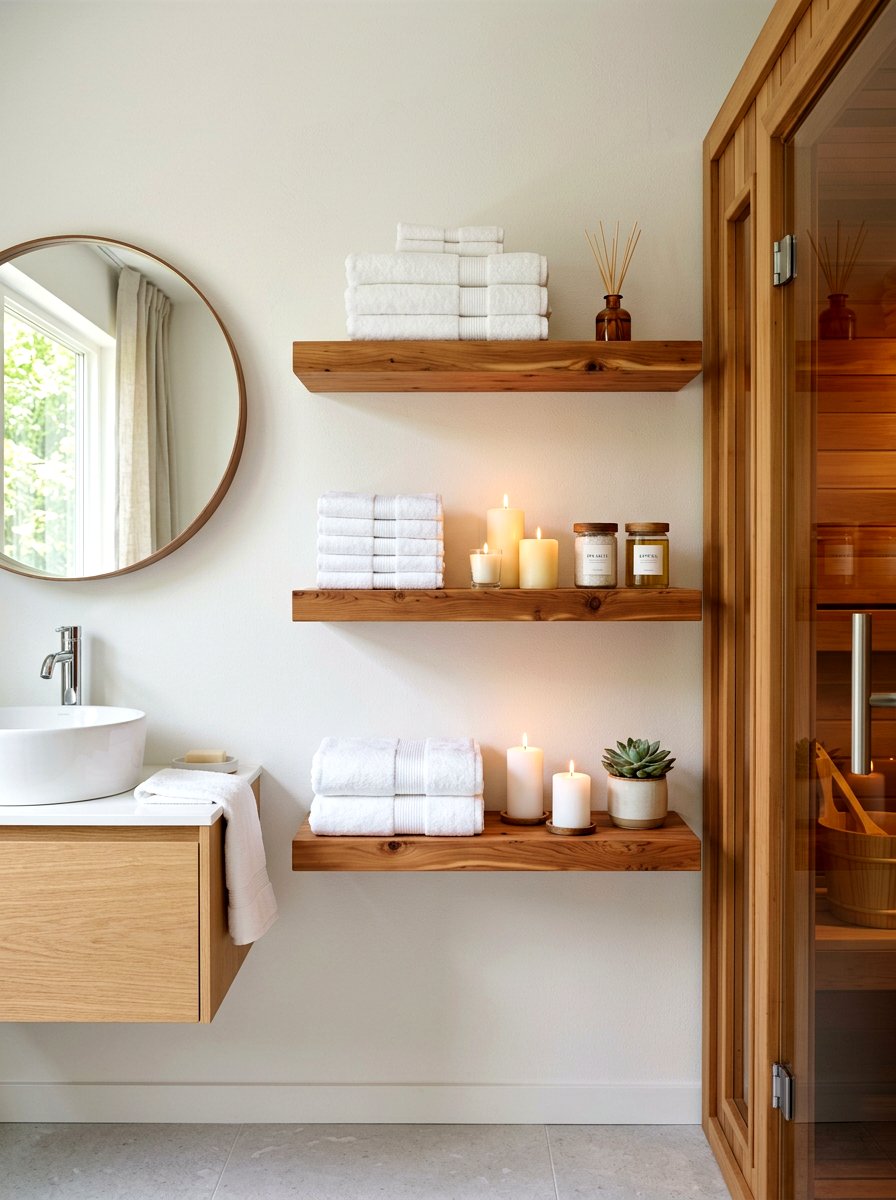 Floating Shelves For Spa Essentials - 30 sauna inspired bathroom ideas
