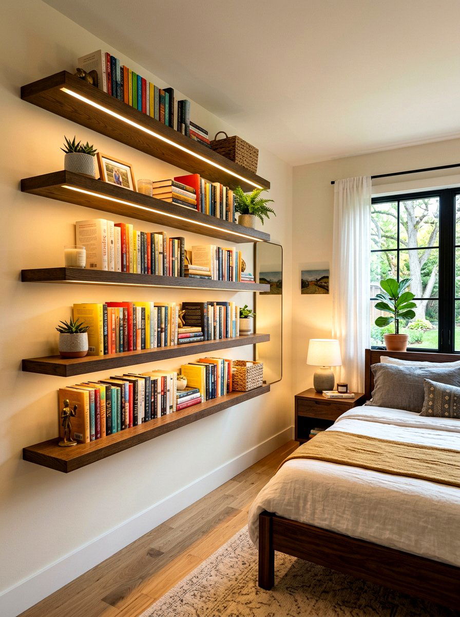 Floating Shelves With Hidden LED - 30 circadian lighting bedroom ideas
