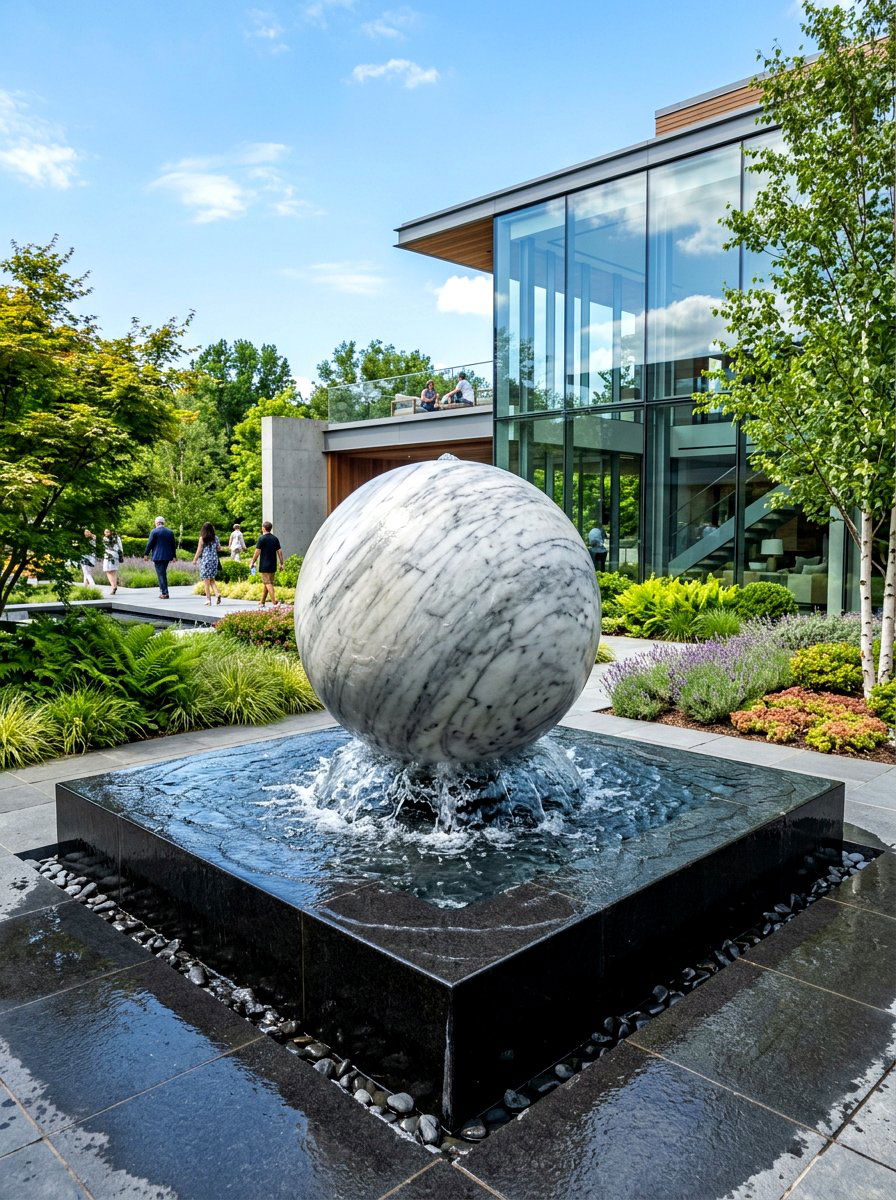 Floating Stone Sphere - 30 outdoor courtyard fountain ideas