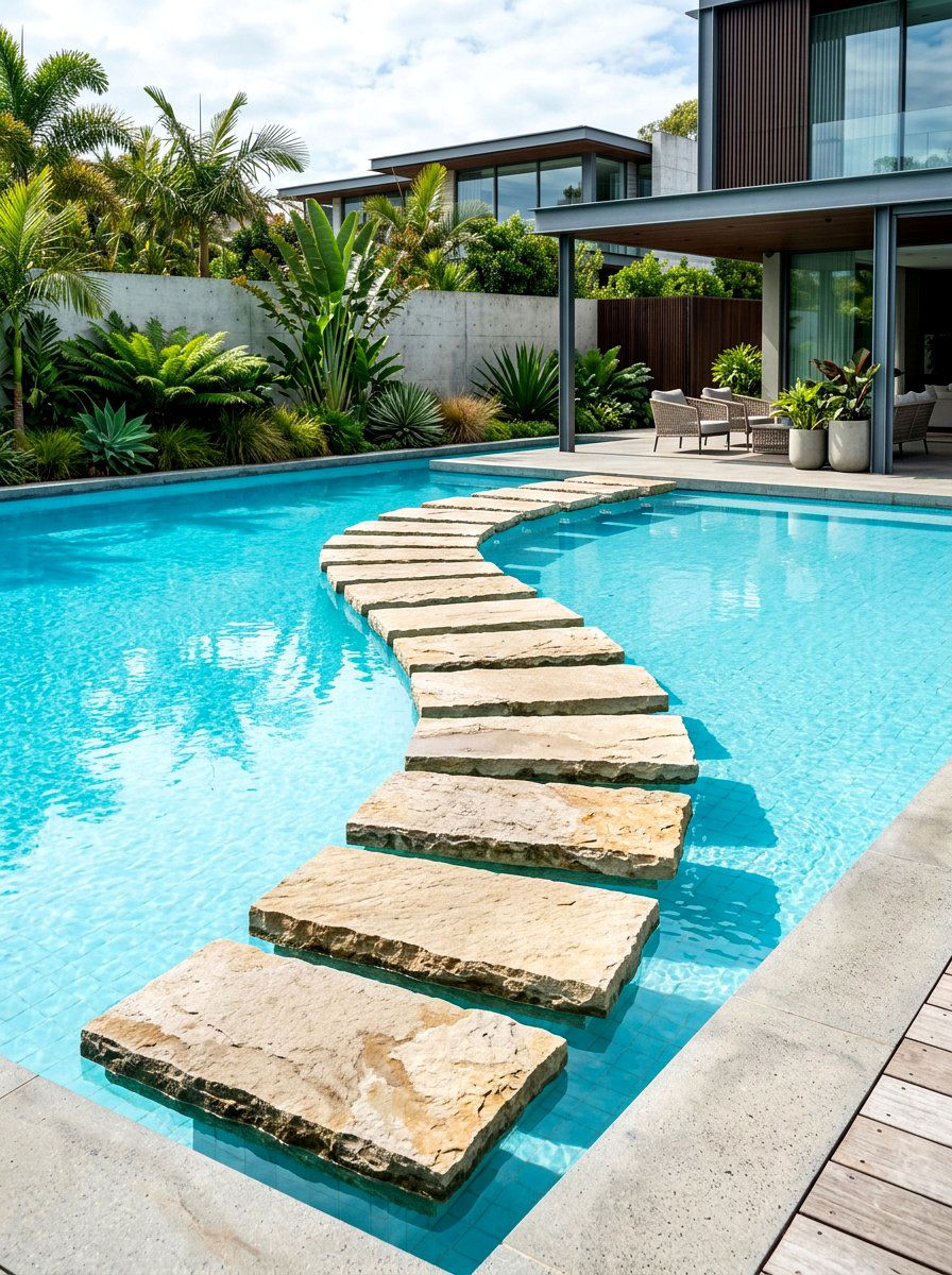 Floating Stone Walkway - 30 resort backyard pool ideas
