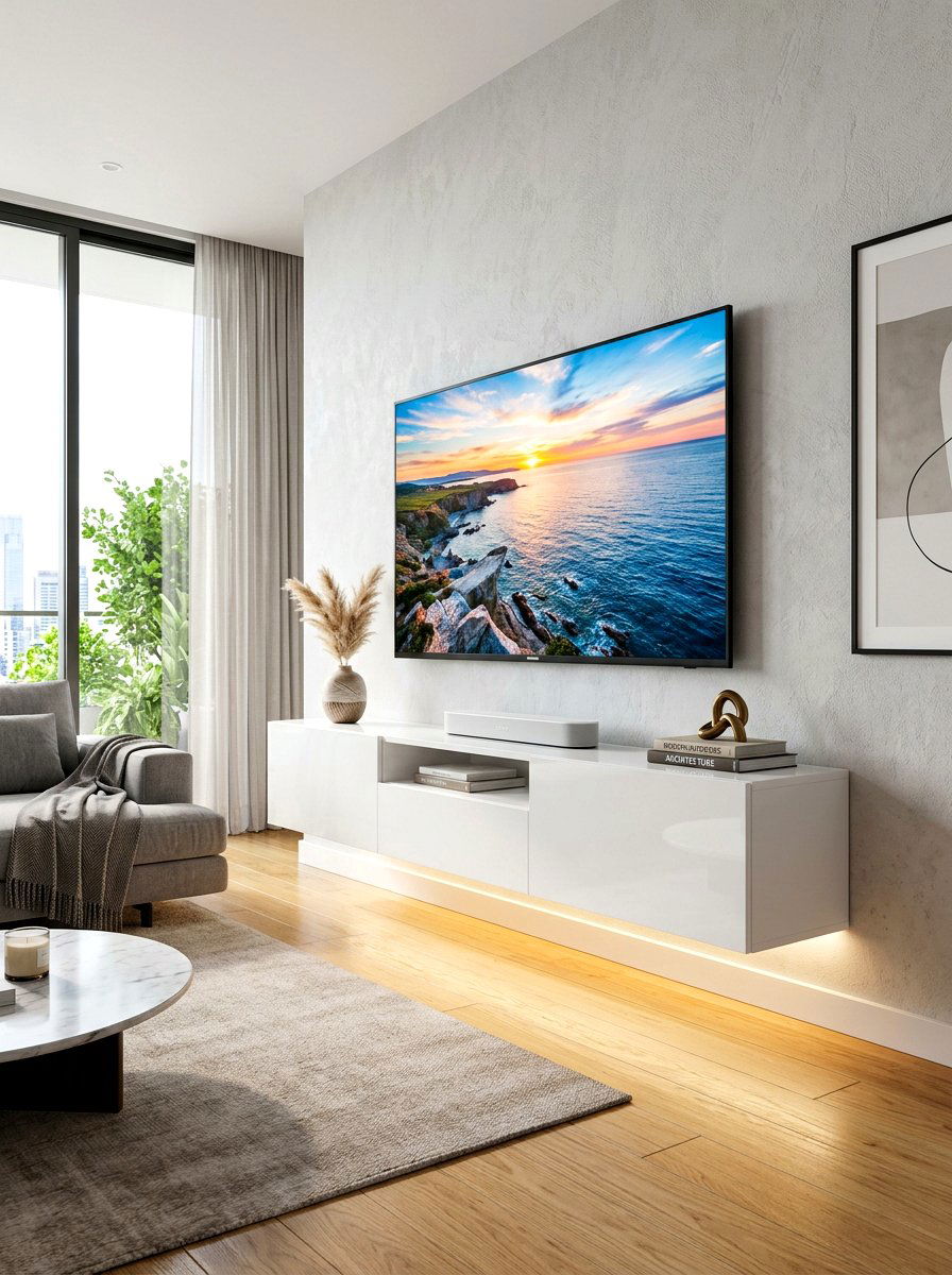 Floating TV Console - 30 futuristic glam living room ideas