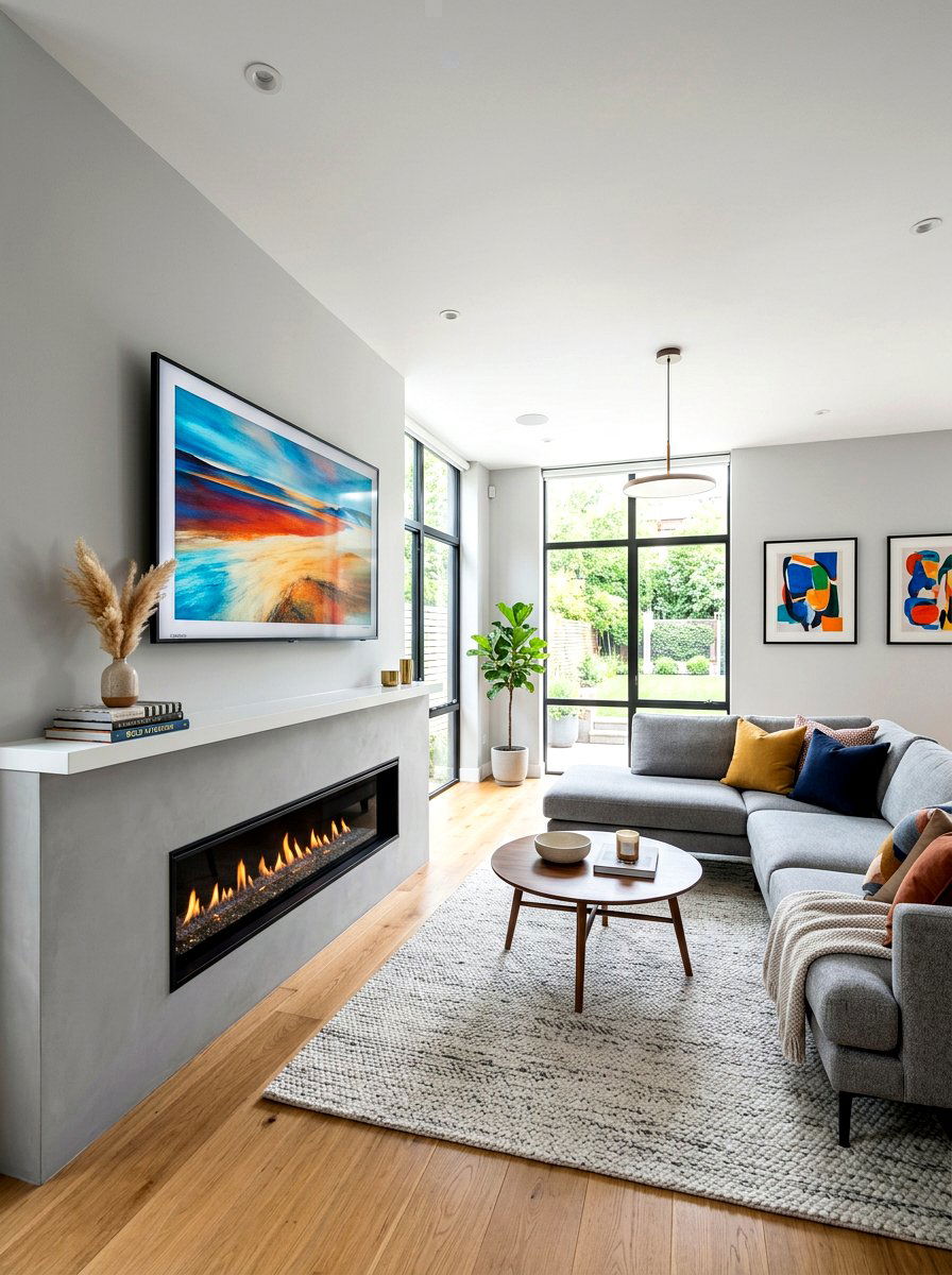 Floating TV Over Low Profile Fireplace - 30 fireplace and TV layout ideas