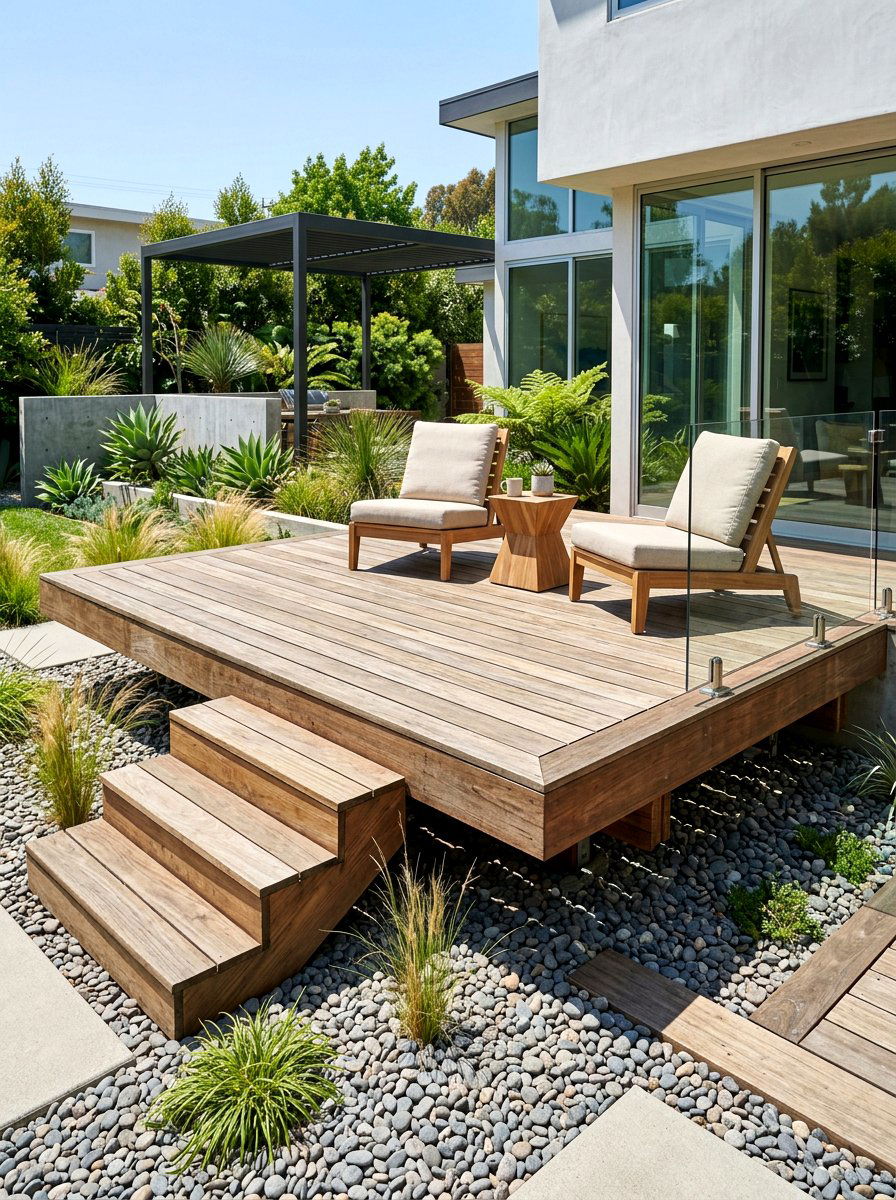 Floating Timber Deck Seating - 30 warm wood patio lounge ideas