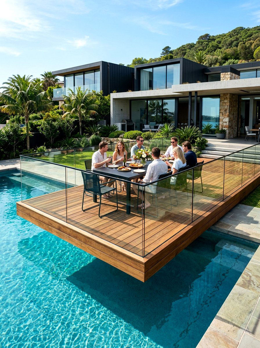 Floating Timber Deck - 30 poolside dining ideas