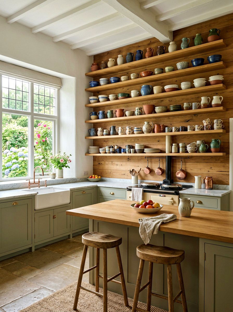 Floating Timber Wall - 30 English country kitchen shelf ideas
