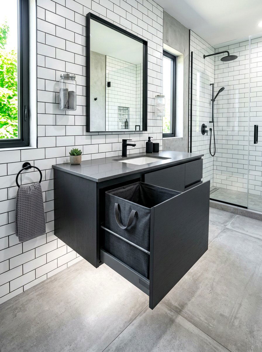 Floating Vanity Hamper Drawer - 30 hidden hamper apartment ideas