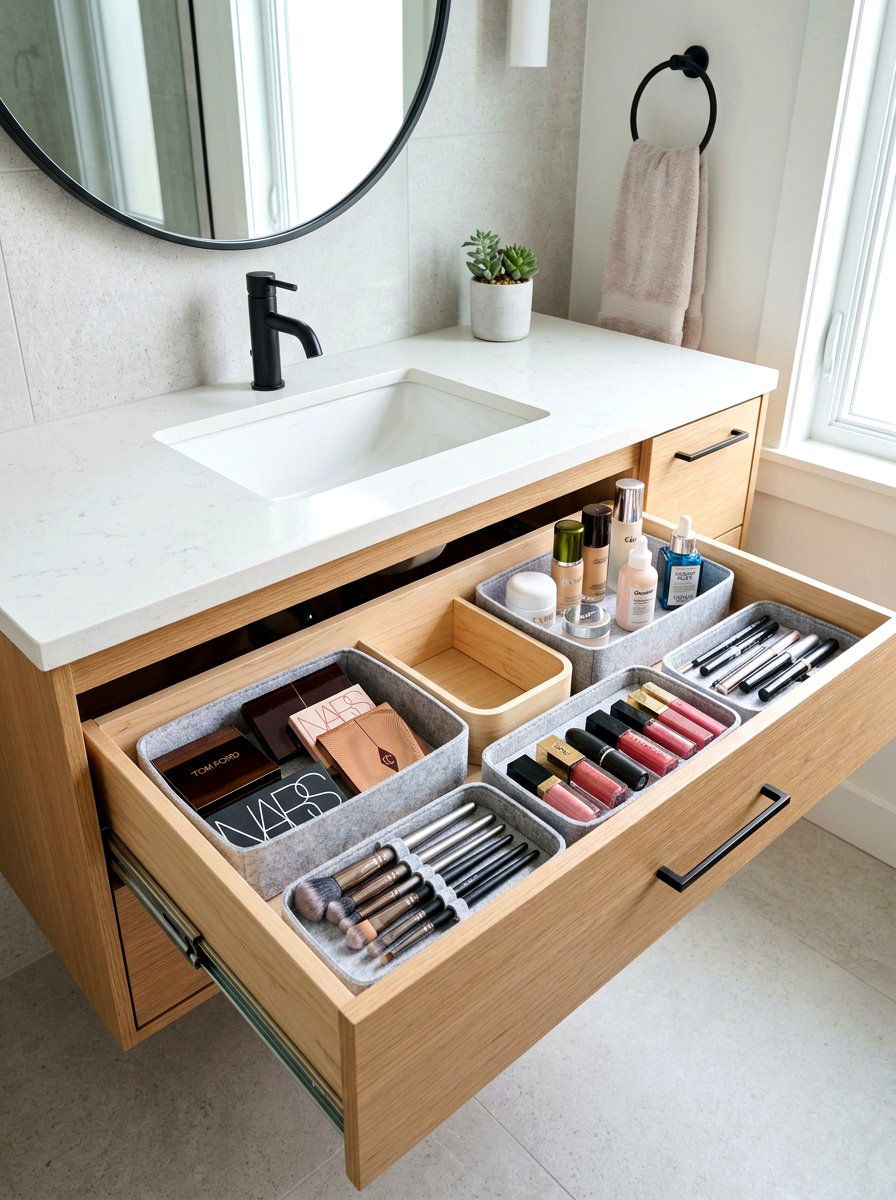 Floating Vanity Hidden Drawer Basket - 30 bathroom basket storage ideas
