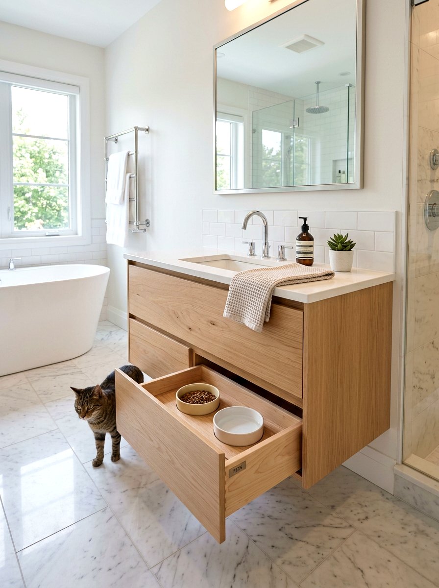 Floating Vanity Pet Bowl Drawer - 30 pet feeding drawer ideas aesthetic