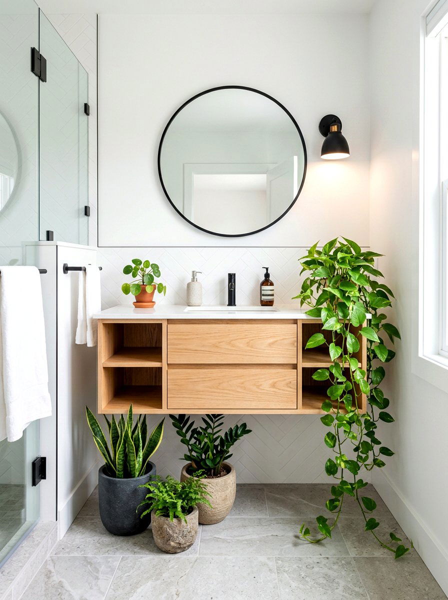 Floating Vanity With Plants - 30 bathroom jungle ideas
