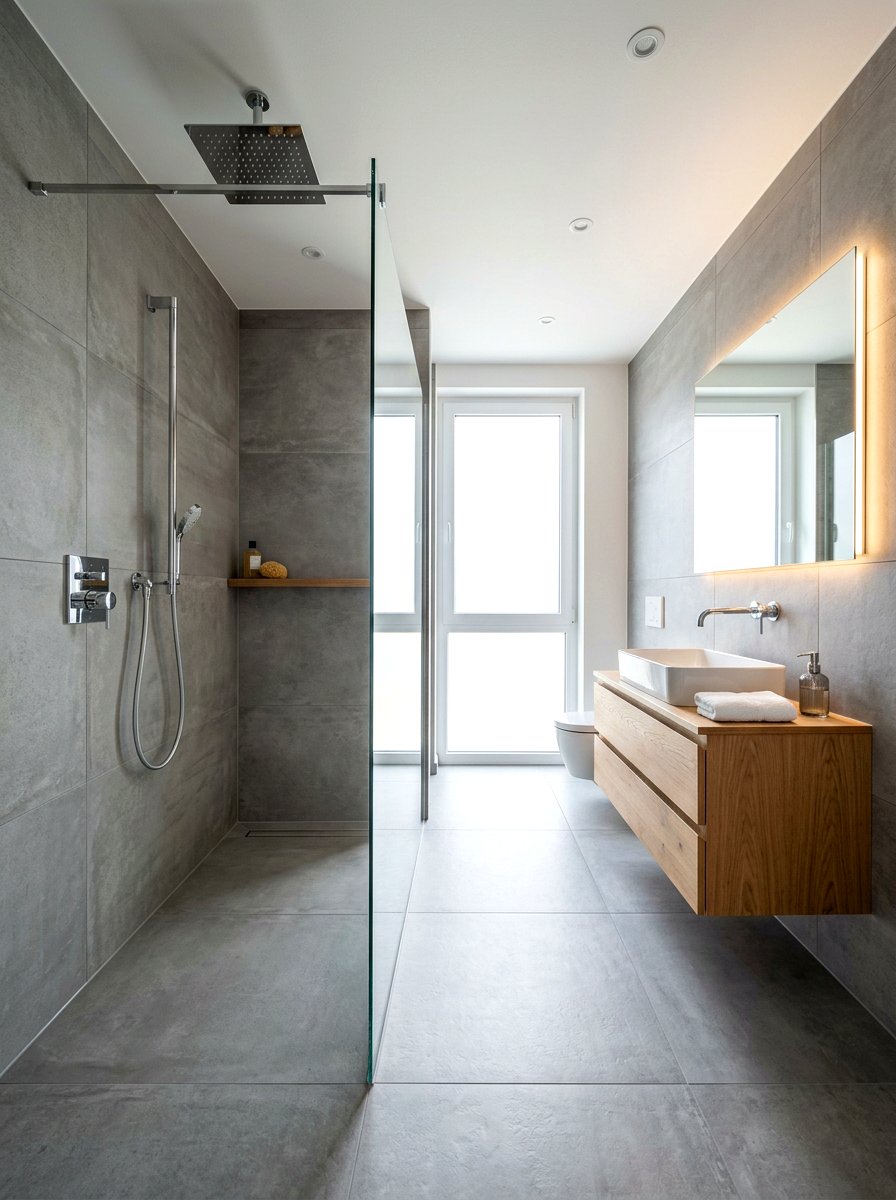 Floating Vanity and Shower Setup - 30 rain shower bathroom ideas