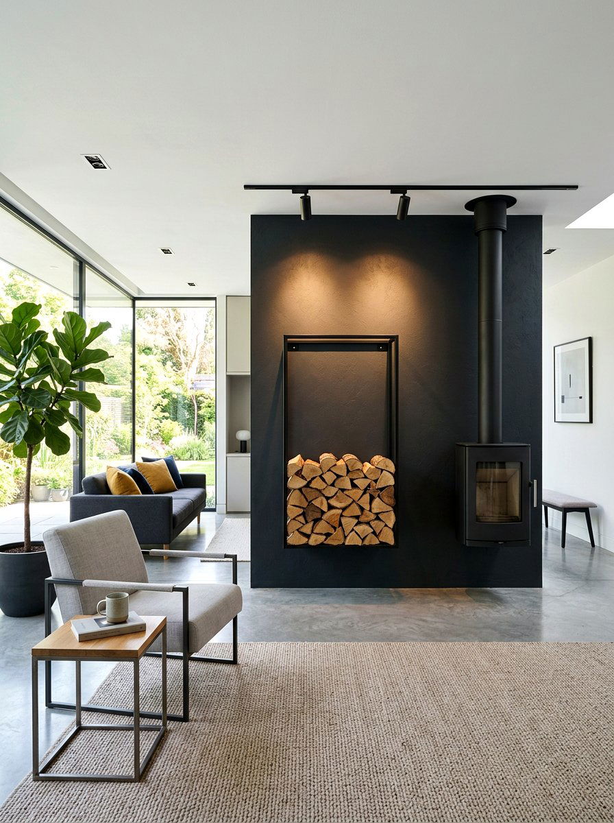Floating Wall Mounted Log Holder - 30 firewood storage wall ideas