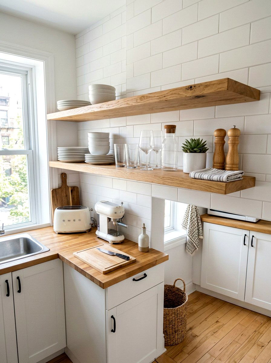 Floating Wall Shelf - 30 tiny apartment kitchen ideas