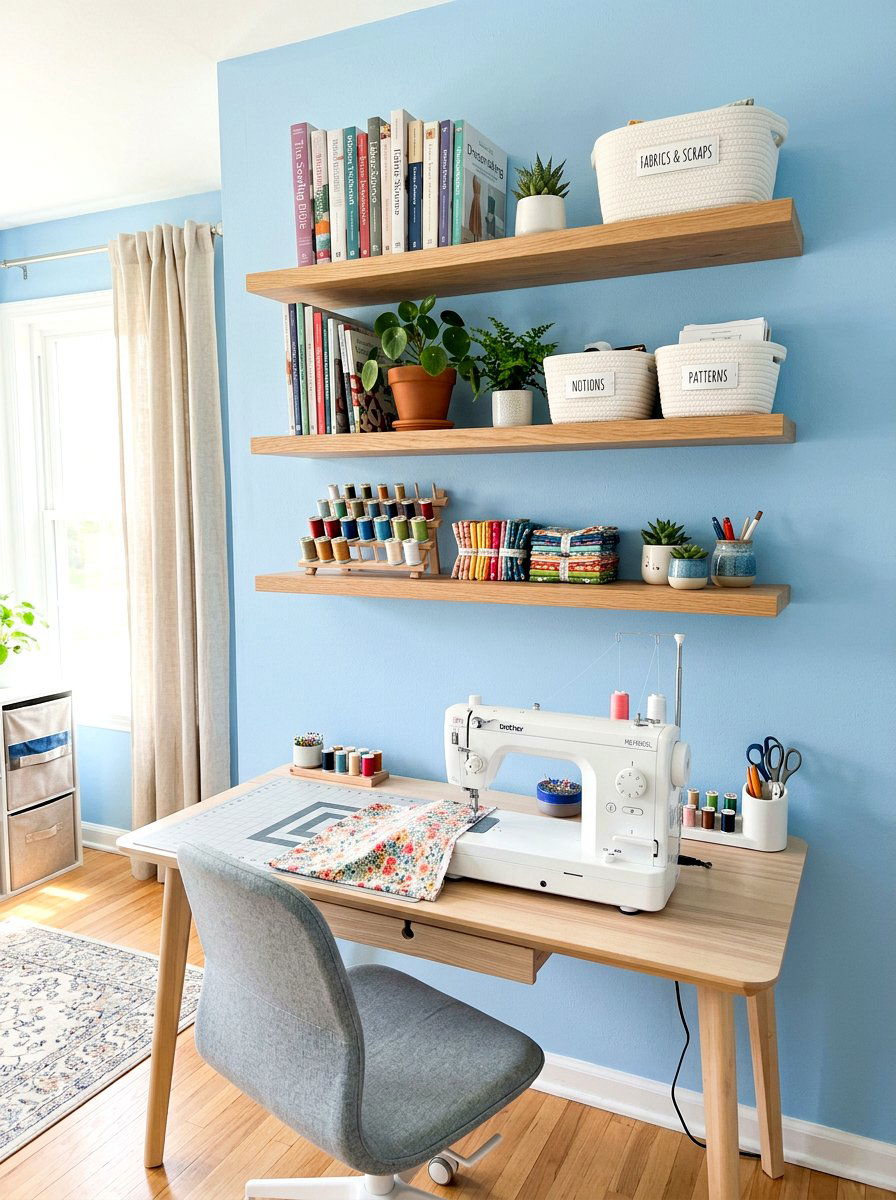 Floating Wall Shelves - 30 sewing room ideas