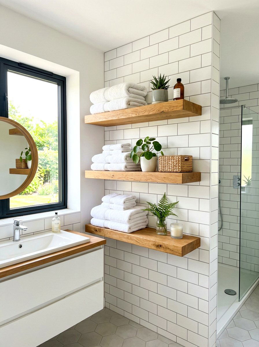 Floating Wood Bathroom Shelves - 30 bathroom linen shelf ideas