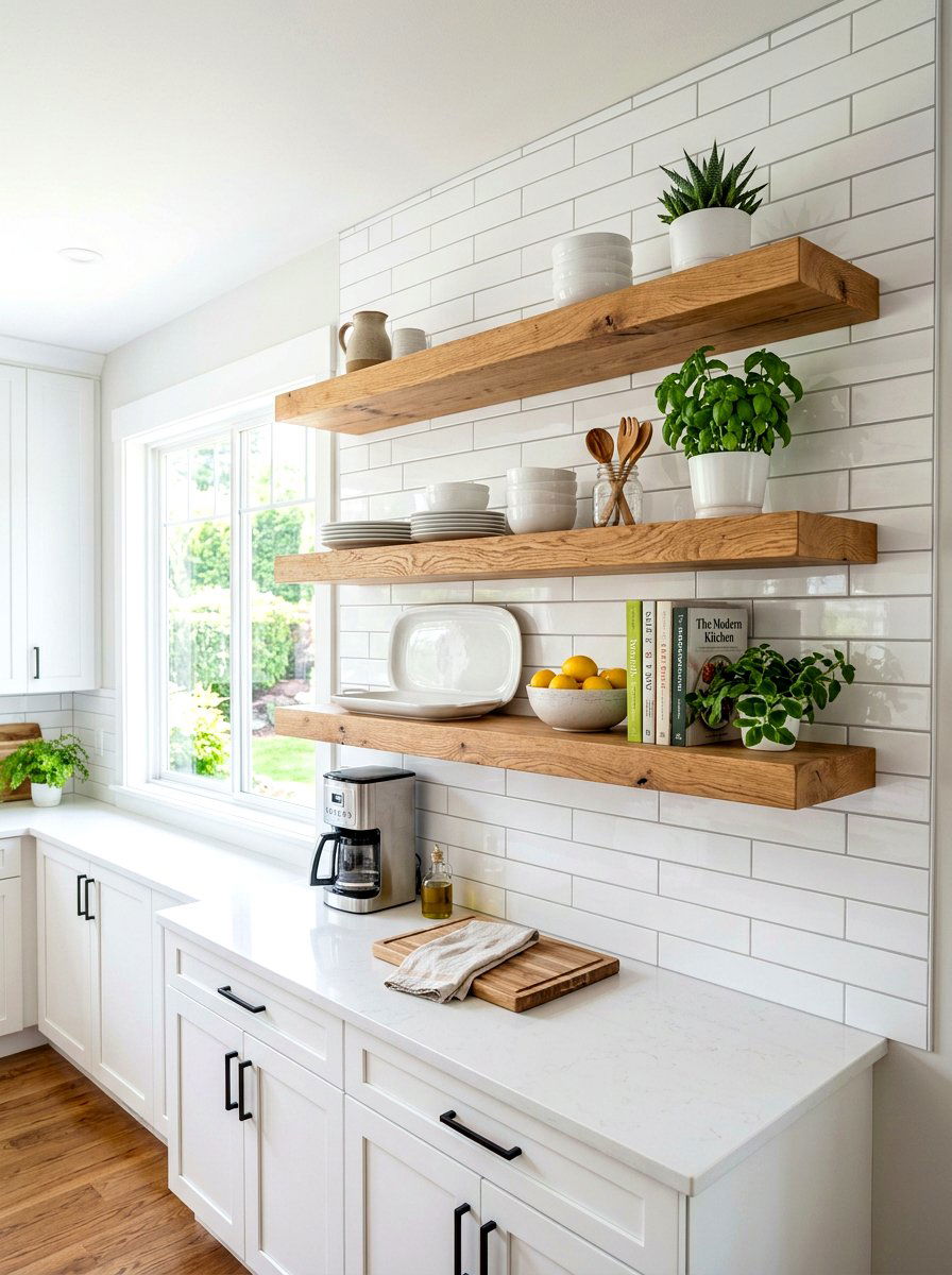 Floating Wood Beam Shelves - 30 layered kitchen decor ideas