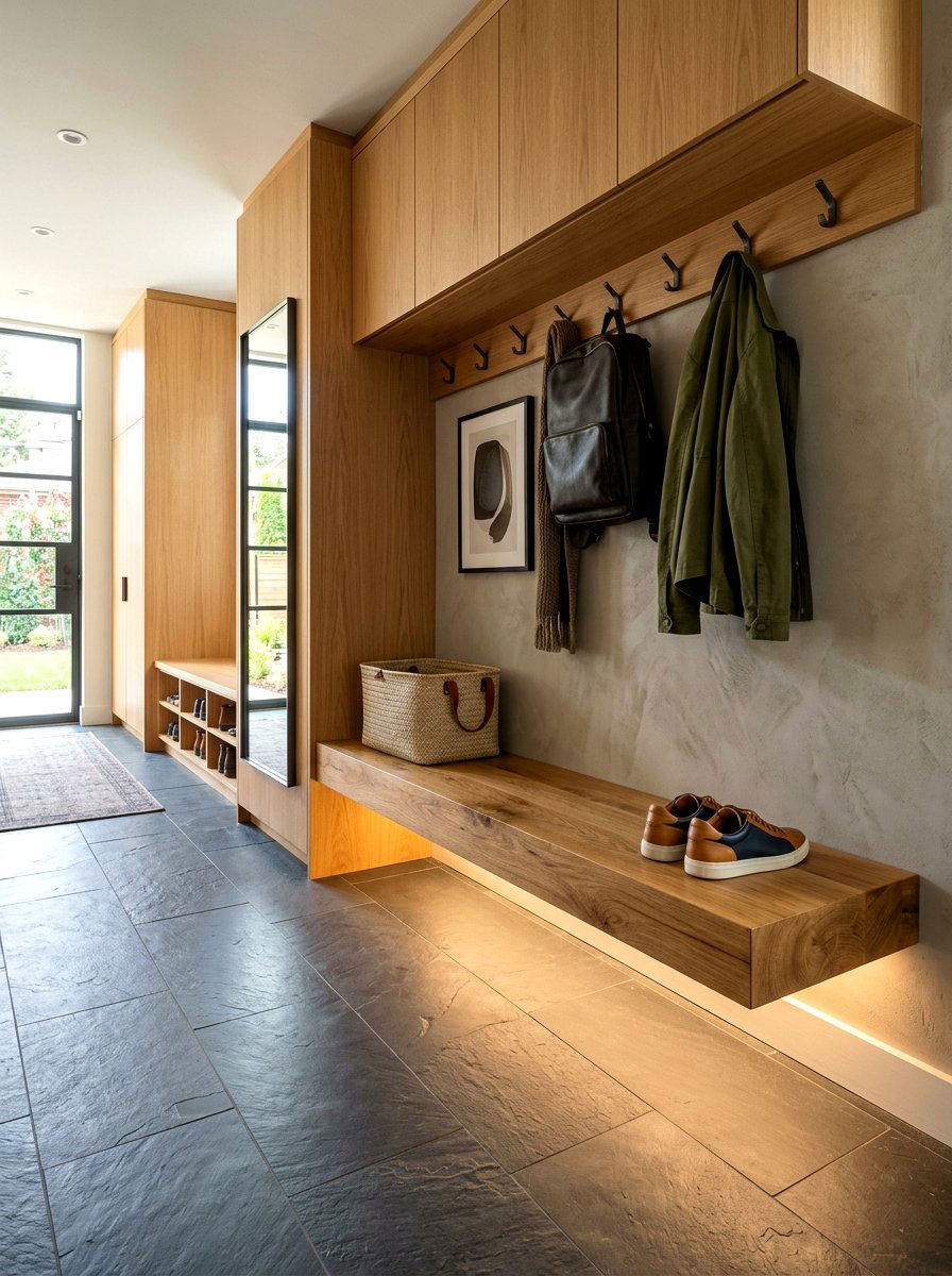 Floating Wood Bench - 30 quiet luxury mudroom ideas
